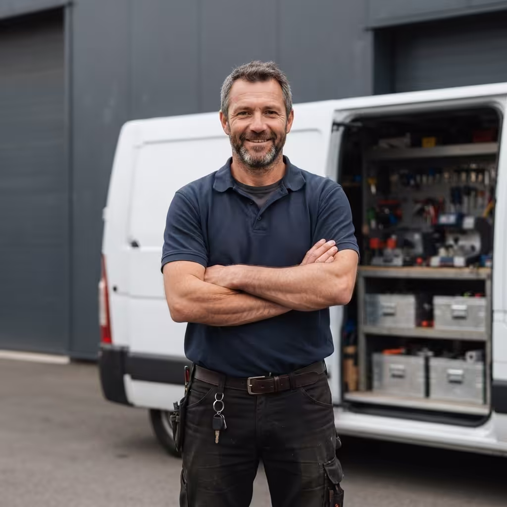 Portrait de notre artisan serrurier à Aulnay-sous-Bois devant son véhicule d'intervention